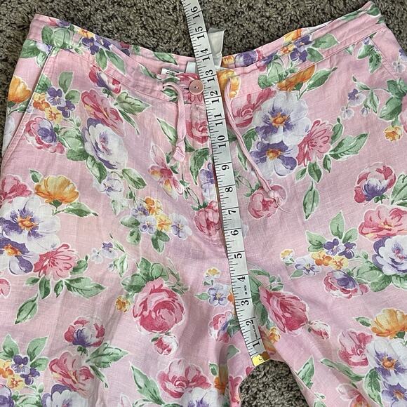 Jones NY 100%‎ Linen Pink All Over Floral Rose Print Cropped Wide Leg Pants 12 - Picture 10 of 11